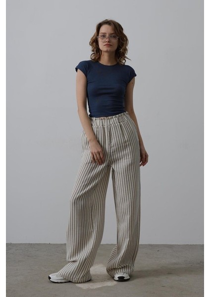 AYDOGANTICARET44 Çizgili Pamuklu Lastikli Pantolon - Bej-Lacivert fiyatları
