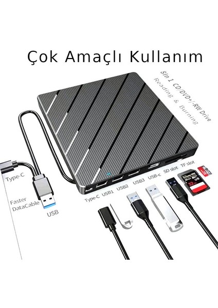 Harici CD DVD Okuma Yazma USB 3.0 Hub Çok Amaçlı External Drive Tf Sd Kart Okuyucu 8in1