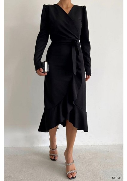 AYDOGANTICARET44 Krep Kumaş Midi Boy Kuşaklı Uzunkol Elbise 113 cm