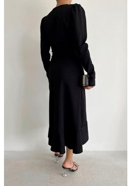 AYDOGANTICARET44 Krep Kumaş Midi Boy Kuşaklı Uzunkol Elbise 113 cm fiyatları