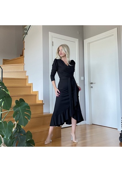 AYDOGANTICARET44 Krep Kumaş Midi Boy Kuşaklı Uzunkol Elbise 113 cm