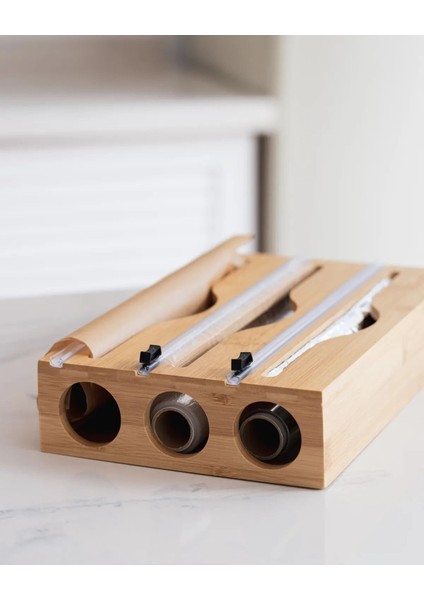 3 Bölmeli Bambu Kesici ve Folyoluk, 23,5X33,5 Cm, Pratik ve Şık Kullanım