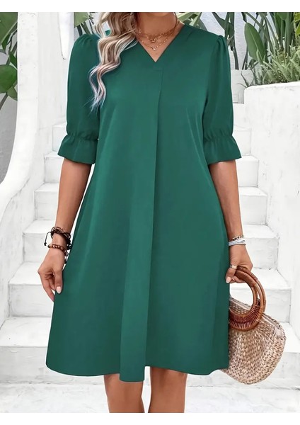 Kadın Kısa Kollu V Yakalı Salaş Janjan Krep Elbise fiyatları