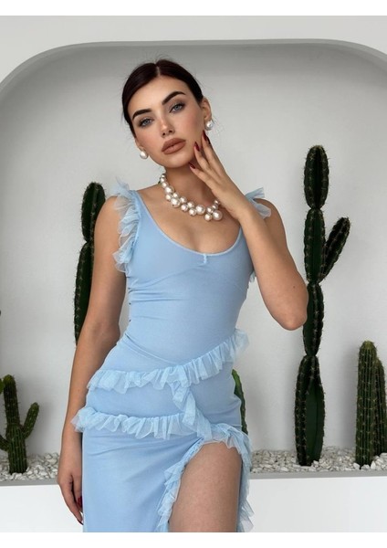 Felix Yırtmaçlı Midi Tül Elbise