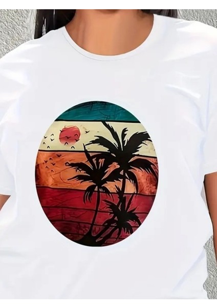 AYDOGANTICARET44 Kadın Kısa Kollu Palmiye Baskılı Viskon T-Shirt modelleri
