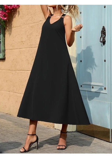 AYDOGANTICARET44 Kadın Askılı V Yakalı Halka Detaylı Maksi Boy Viskon Elbise