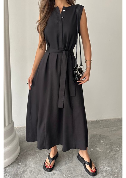 Keten Elbise Kolsuz Bel Bağlamalı Maxi Elbise - Siyah modelleri