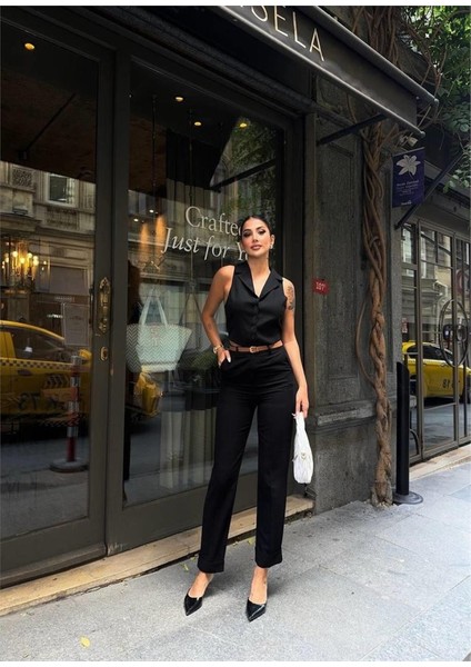 Keten Duble Paça Deri Taba Kemerli Pantolon - Siyah