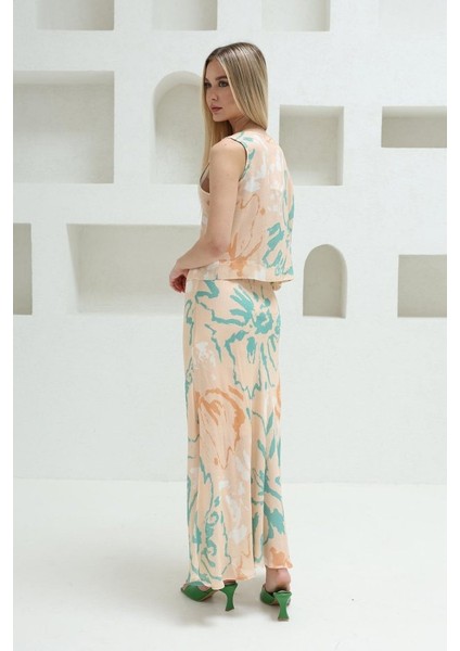 Bağcıklı Bluzlu Etek Takım - Pudra