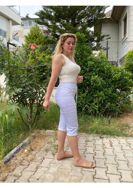 Büyük Beden Full Likralı Yüksek Lastik Beli Bağcıklı 4 Cepli Bermuda Ince Pamuklu Keten Kapri fiyatları