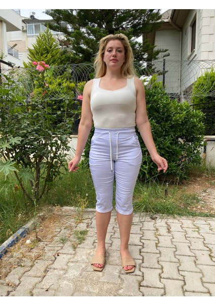 Büyük Beden Full Likralı Yüksek Lastik Beli Bağcıklı 4 Cepli Bermuda Ince Pamuklu Keten Kapri fırsatları