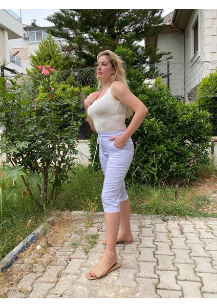 Büyük Beden Full Likralı Yüksek Lastik Beli Bağcıklı 4 Cepli Bermuda Ince Pamuklu Keten Kapri indirimleri