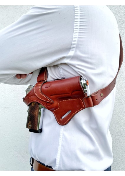 1911 Deri Silah Kılıfı - Omuz + Bel Çekim - Sağ El - Colt , Kimber, Ruger - Vaketa Deri Özel El Yapımı