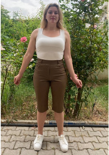 Büyük Beden Toparlayıcı Full Likralı Lastik Belli Bermuda Pamuklu Keten Kapri