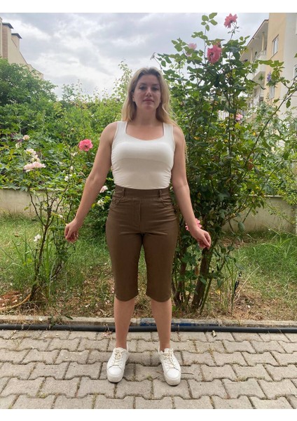 Büyük Beden Toparlayıcı Full Likralı Lastik Belli Bermuda Pamuklu Keten Kapri fiyatları