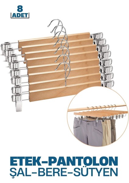 8'li Ahşap Etek, Pantolon ve Eşarp Kıskaçlı Askı Seti