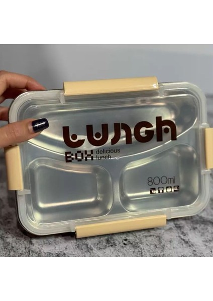 3 Bölmeli 800ML Öğle Yemeği Kutusu Ekru, Pratik ve Şık Tasarım