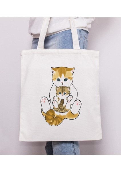 Anne ve Yavrusu Kedi Anne Hediye Tote Bag Bez Çanta