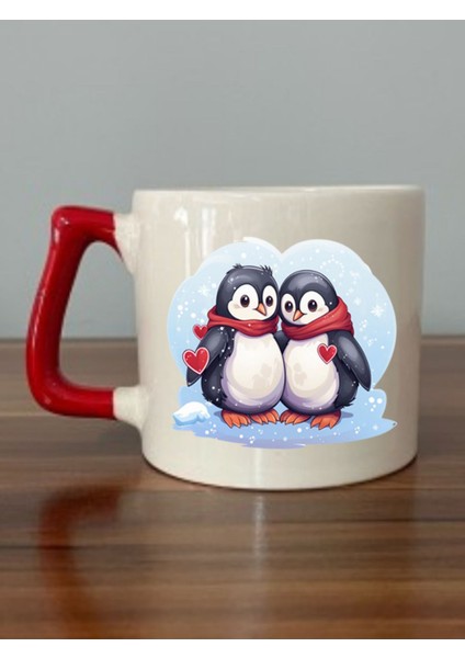 Penguen Baskılı Kırmızı Kulplu Kupa Bardak - Seramik Çay, Kahve Hediyelik Bardağı Öğretmenler Günü