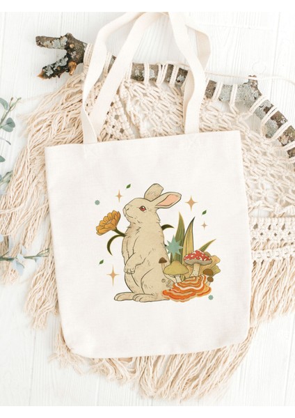 Rabbit And Mushroom, Tavşan ve Mantar Tasarım Tote Bag, Bez Çanta