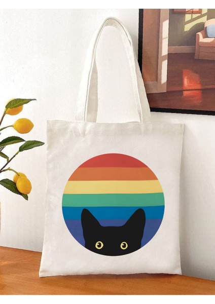 Cat In Rainbow Gökkuşağındaki Kedi Tote Bag Bez Çanta