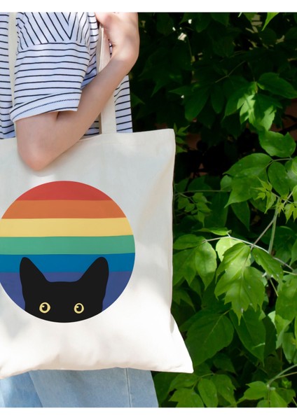Cat In Rainbow Gökkuşağındaki Kedi Tote Bag Bez Çanta modelleri