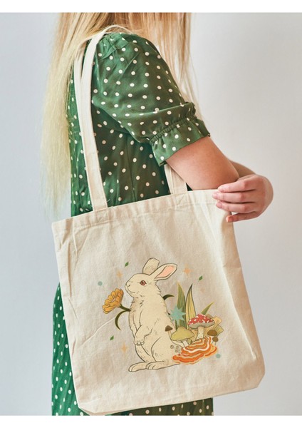 Rabbit And Mushroom, Tavşan ve Mantar Tasarım Tote Bag, Bez Çanta fiyatları