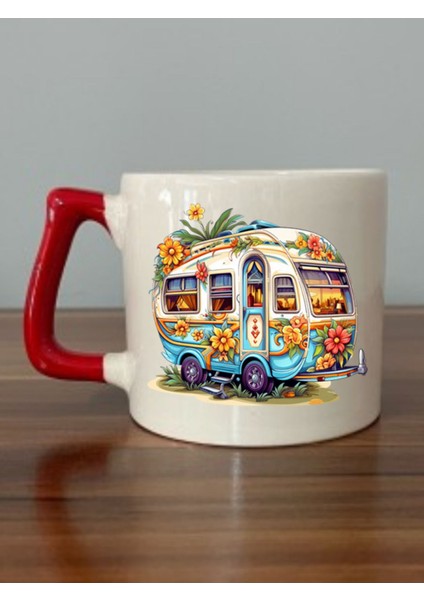 Çiçekli Karavan Görselli Kırmızı Kulplu Kupa Bardak - Seramik Çay, Kahve Hediyelik Bardağı