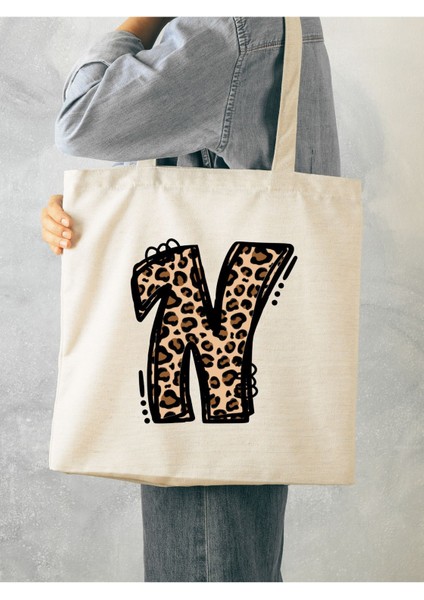 Leopar N Harf Desenli, Y2 Pinterest Retro Bez Çanta Tote Bag, Hediye Çanta