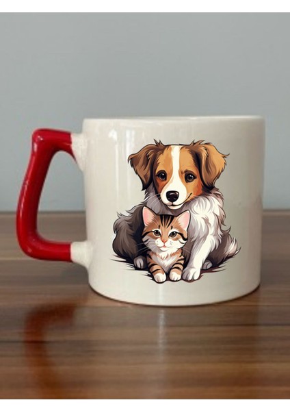 Kedili ve Köpekli Baskılı Kırmızı Kulplu Kupa Bardak - Seramik Çay, Kahve Hediyelik Bardağı