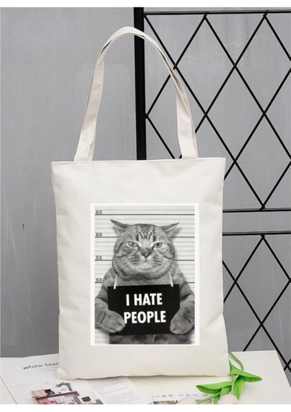 I Hate People, Cat Tasarım Tote Bag Bez Çanta