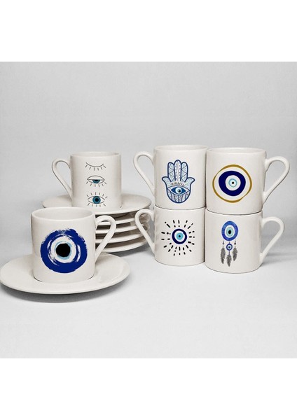 Nazar Temalı Baskılı Porselen 6lı Türk Kahvesi Fincan Takımı