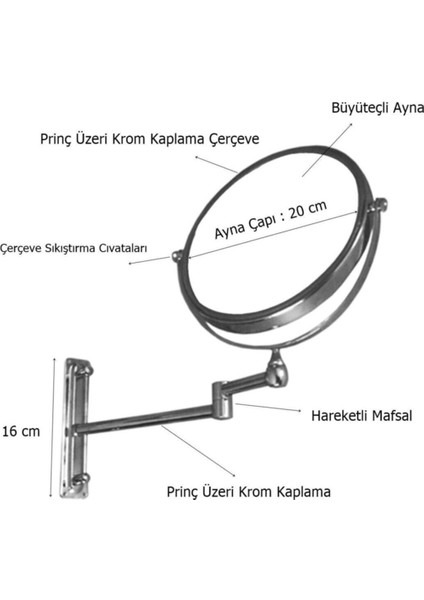 Marka Mafsallı Büyüteçli Makyaj Aynası Paslanmaz Krom