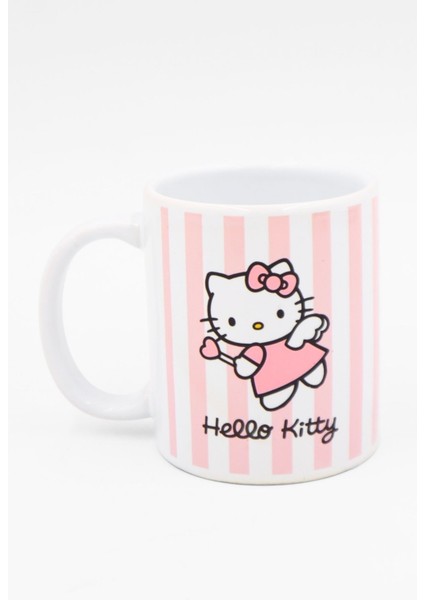Beyaz Pembe Çizgili Hello Kitty Kupa