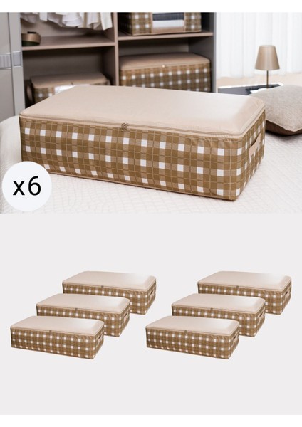 6'lı Bej Kare Desenli Ekoseli Baza Altı Düzenleyici Hurç Seti 75X40X20 cm