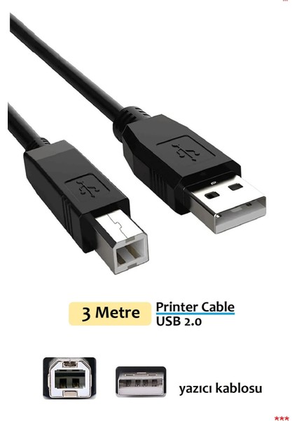 Printer Cable USB 2.0 Yazıcı Kablosu Hp Epson Canon Xerox Brother 3 Metre