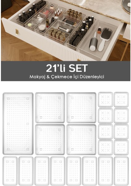 21'li Çok Amaçlı Çekmece Içi Organizer - Kozmetik ve Takı Düzenleyici, Şeffaf, Beyaz