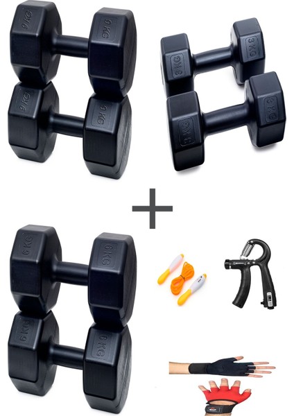 Ps Spor 3 Çift Dambıl Set 3 kg + 6 kg + 9 kg + Eldiven Ayarlanabilir Sayaçlı Yay ve Atlama Ipi