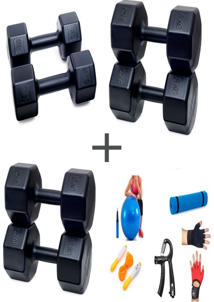 Ps Spor 3 Çift Dambıl Set 5 kg + 8 kg + 10 kg + 5 Çeşit Egzersiz Seti