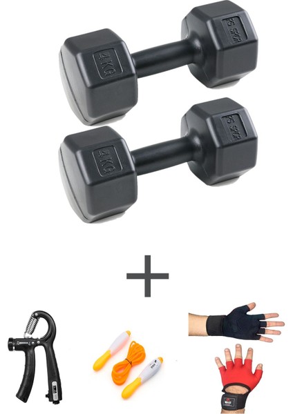 Ps Spor 4 kg Dambıl Set(4kg 2 Adet Dambıl) Body Eldiven Sayaçlı Ayarlanabilir El Yayı ve Atlama Ipi