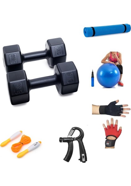 Ps Spor 5 kg Dambıl x 2 Adet = 10 kg + 5 Çeşit Plastes ve Egzersiz Seti