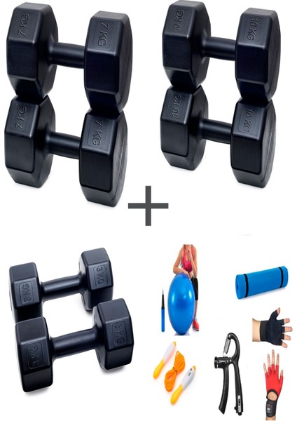 Ps Spor 3 Çift Dambıl Set 3 kg + 7 kg + 10 kg + 5 Çeşit Egzersiz Seti