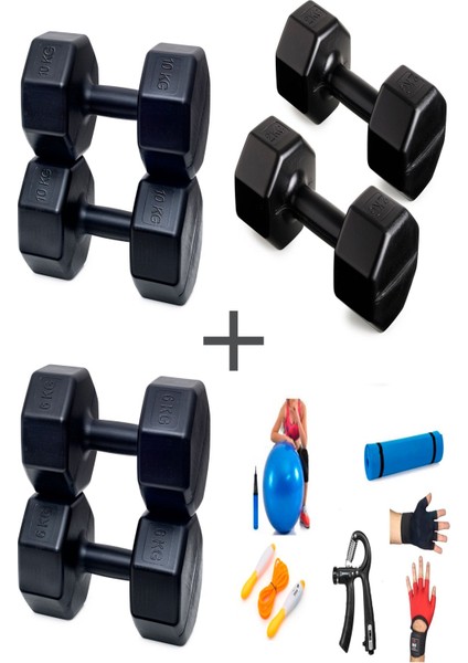 Ps Spor 3 Çift Dambıl Set 2 kg + 6 kg + 10 kg + 5 Çeşit Egzersiz Seti