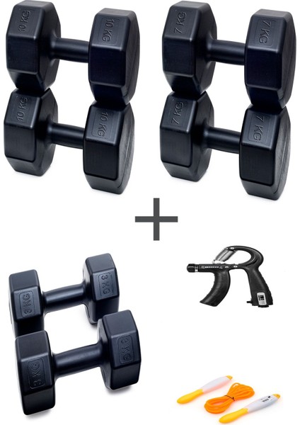 Ps Spor 3 Çift Dambıl Set 3 kg + 7 kg +10 kg + Ayarlanabilir Sayaçlı El Yayı