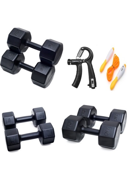 Ps Spor 3 Çift Dambıl Set 5 kg + 7 kg + 9 kg + Sayaçlı Atlama Ipi + Ayarlanabilir Sayaçlı El Yayı