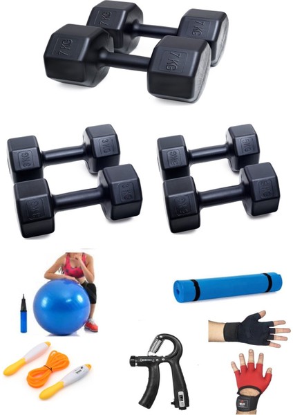 Ps Spor 3 Çift Dambıl Set 3 kg + 5 kg + 7 kg + 5 Çeşit Egzersiz Seti
