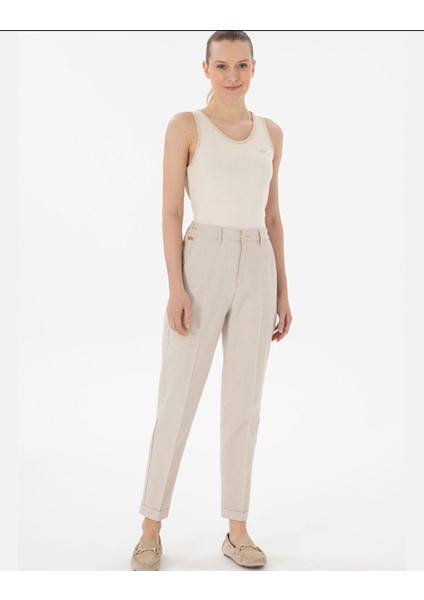 Haki Kadın Çizgili Keten Karışımlı Carrot Fit Kanvas Pantolon DMK.2185010EGON25Y.