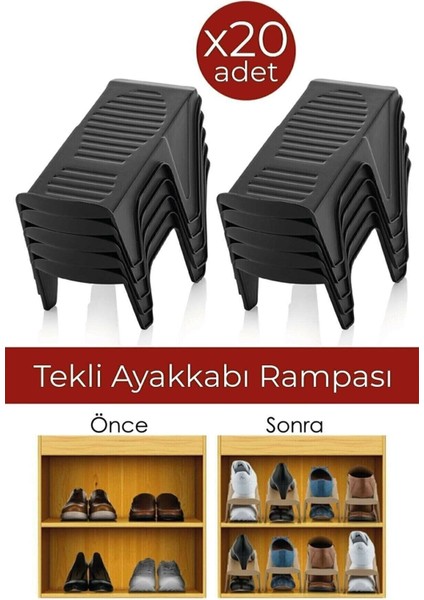 20 Adet Tekli Ayakkabı Düzenleyici Rampa Siyah - Düzenli ve Pratik Saklama Seti