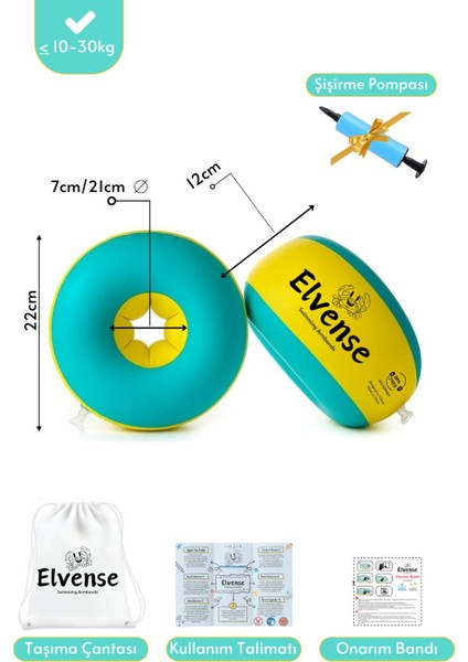 Çocuk Yüzme Kolluğu Seti, Pompalı ve Taşıma Çantalı, 10-30 Kg, Sarı/mavi Renk