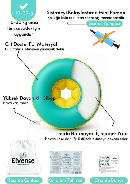 Çocuk Yüzme Kolluğu Seti, Pompalı ve Taşıma Çantalı, 10-30 Kg, Sarı/mavi Renk